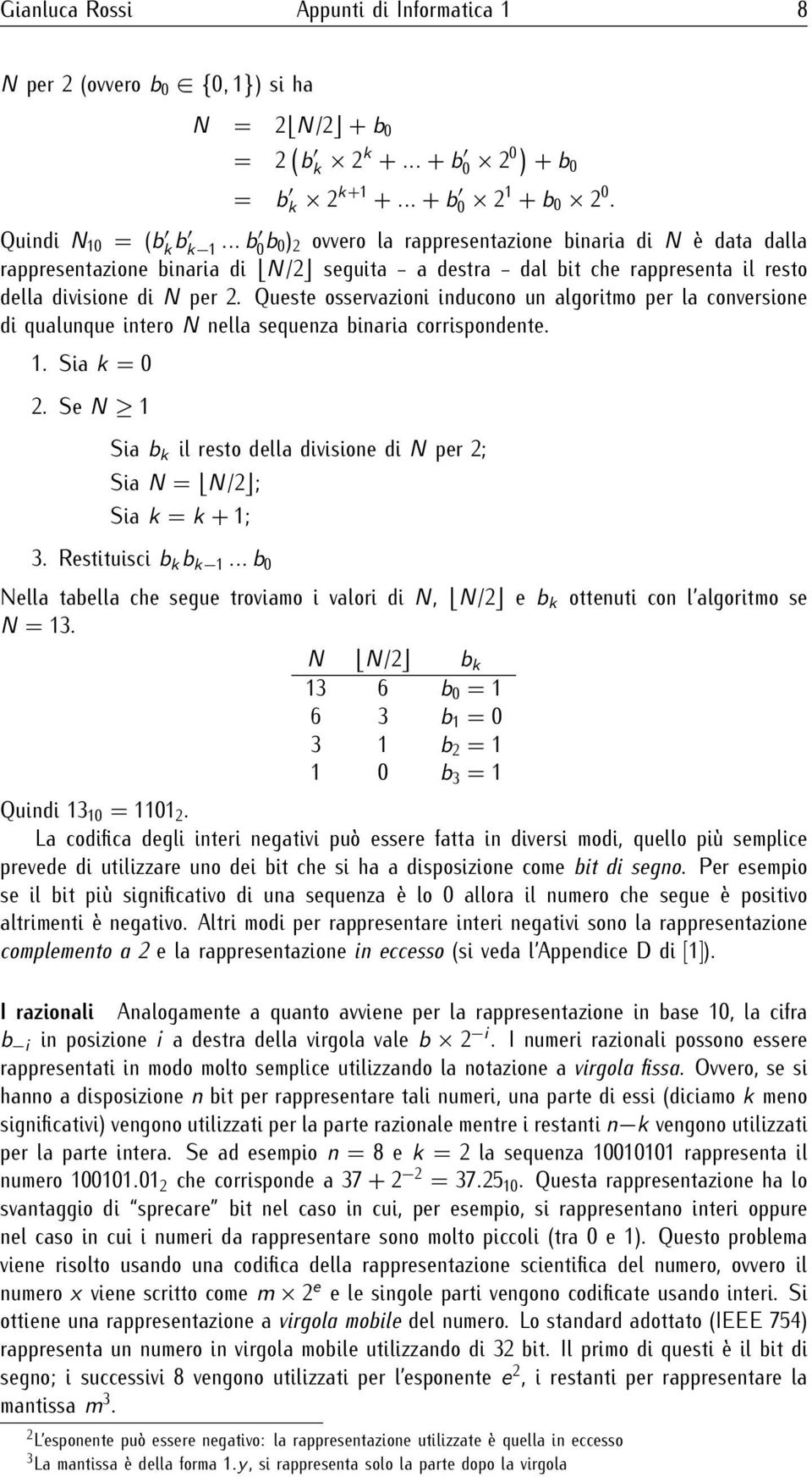 Queste osservazioni inducono un algoritmo per la conversione di qualunque intero N nella sequenza binaria corrispondente. 1. Sia k = 0 2.