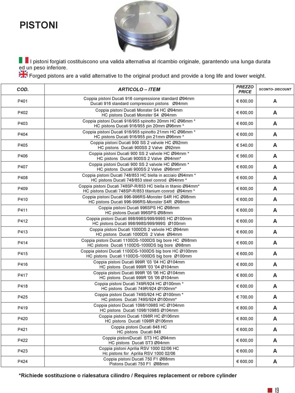 P401 P402 P403 P404 P405 P406 P407 P408 P409 P410 P411 P412 P413 P414 P415 P416 P417 P418 P425 P419 P420 P421 P422 P423 P424 Coppia pistoni Ducati 916 compressione standard Ø94mm Ducati 916 standard