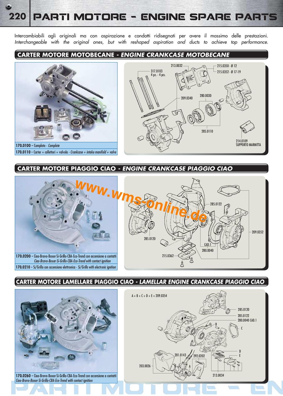 0350 - Ø 12 215.0352 - Ø 17-19 209.0340 280.0030 285.0110 170.0100 - Completo - Complete 170.0110 - Carter + collettori + valvola - Crankcase + intake manifold + valve 214.