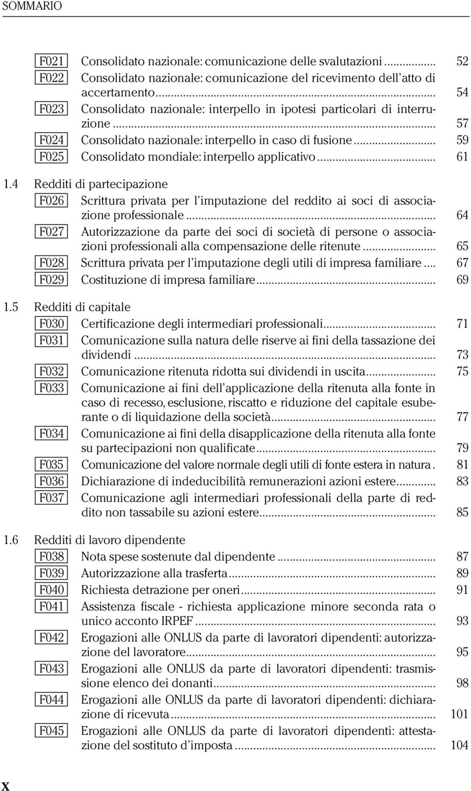 .. 59 F025 Consolidato mondiale: interpello applicativo... 61 1.4 Redditi di partecipazione F026 Scrittura privata per l imputazione del reddito ai soci di associazione professionale.