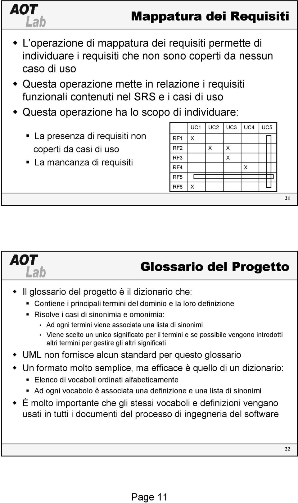 X X UC4 X UC5 RF5 RF6 X 21 Glossario del Progetto Il glossario del progetto è il dizionario che: Contiene i principali termini del dominio e la loro definizione Risolve i casi di sinonimia e