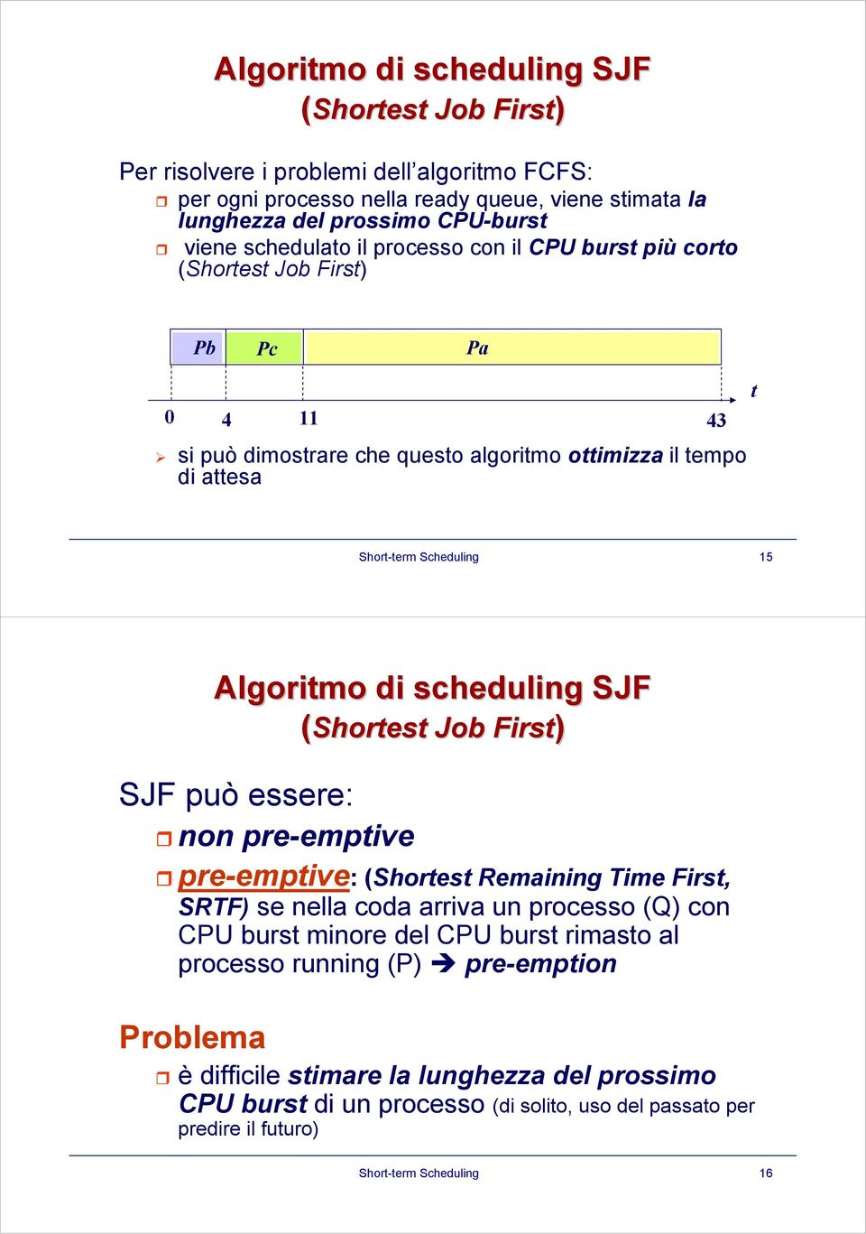 Algoritmo di scheduling SJF SJF può essere: non pre-emptive (Shortest Job First) pre-emptive: (Shortest Remaining Time First, SRTF) se nella coda arriva un processo (Q) con CPU burst minore del
