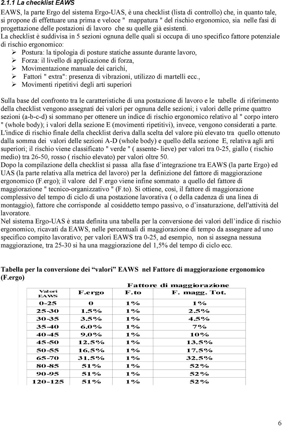 La checklist è suddivisa in 5 sezioni ognuna delle quali si occupa di uno specifico fattore potenziale di rischio ergonomico: Postura: la tipologia di posture statiche assunte durante lavoro, Forza: