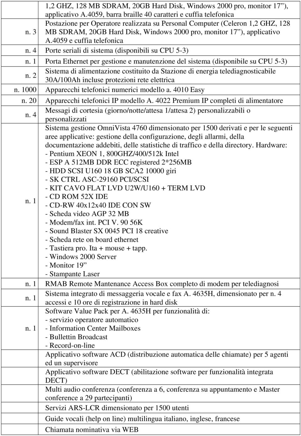 3 MB SDRAM, 20GB Hard Disk, Windows 2000 pro, monitor 17 ), applicativo A.4059 e cuffia telefonica n. 4 Porte seriali di sistema (disponibili su CPU 5-3) n.