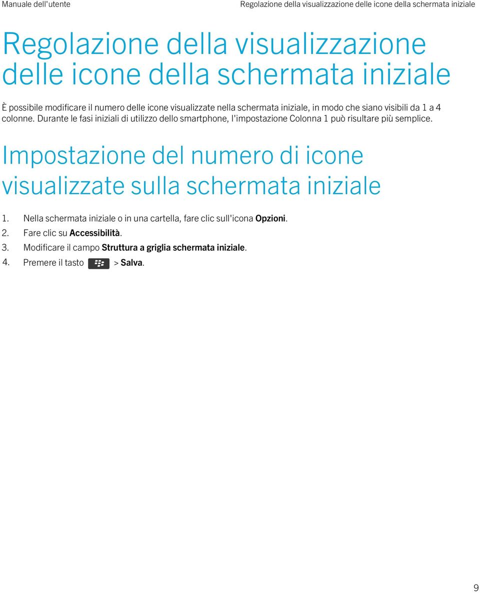 Durante le fasi iniziali di utilizzo dello smartphone, l'impostazione Colonna 1 può risultare più semplice.