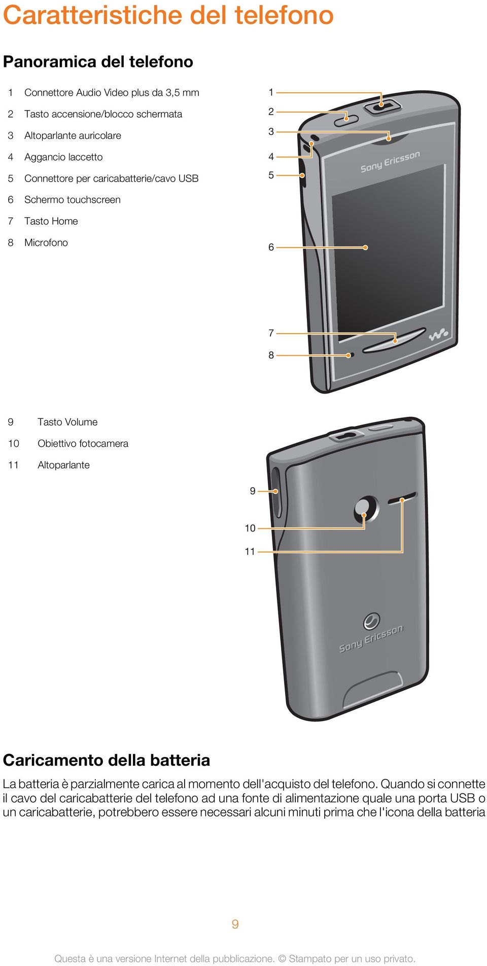 11 Altoparlante 9 10 11 Caricamento della batteria La batteria è parzialmente carica al momento dell'acquisto del telefono.