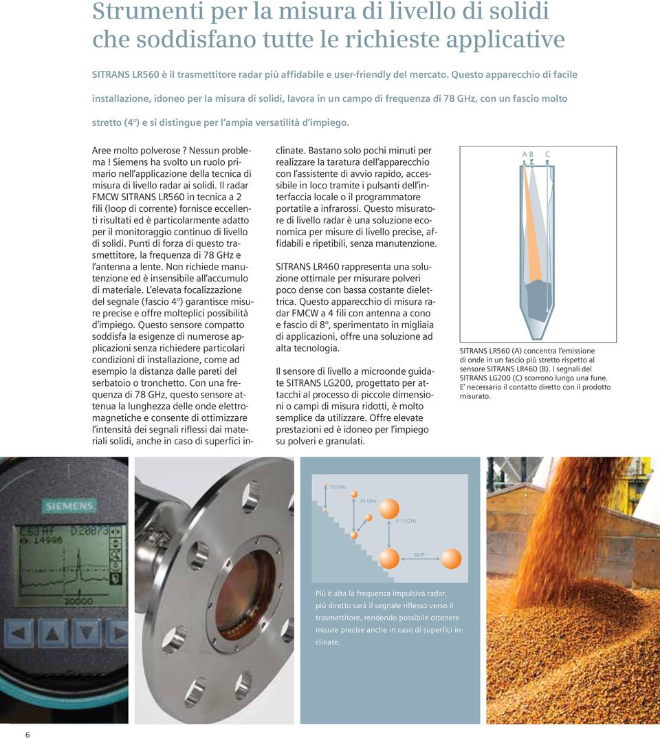 impiego. Aree molto polverose? Nessun problema! Siemens ha svolto un ruolo primario nell applicazione della tecnica di misura di livello radar ai solidi.