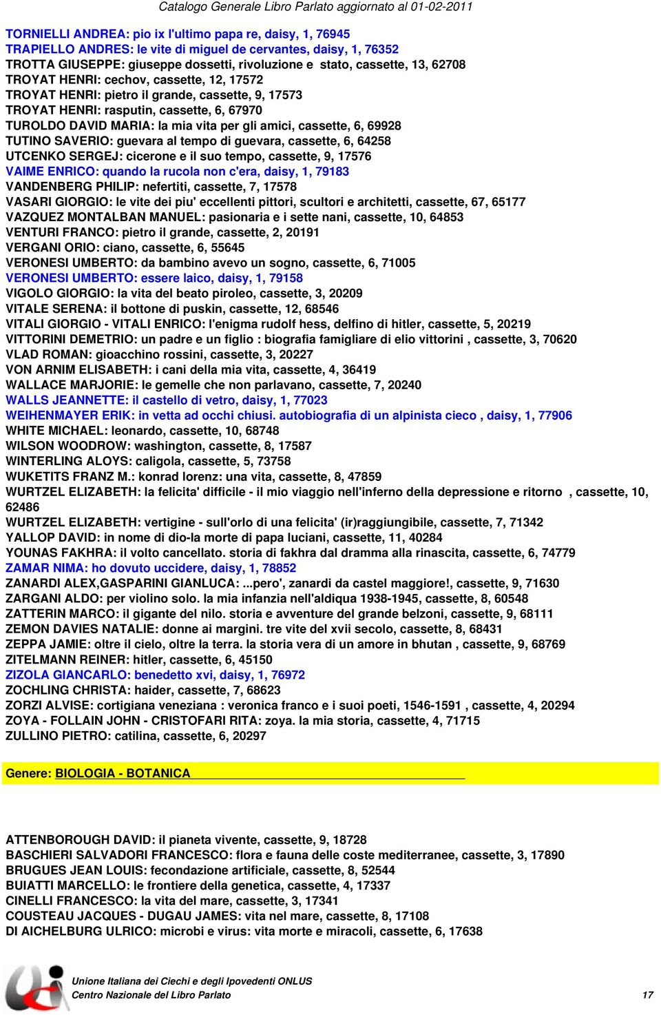 6, 69928 TUTINO SAVERIO: guevara al tempo di guevara, cassette, 6, 64258 UTCENKO SERGEJ: cicerone e il suo tempo, cassette, 9, 17576 VAIME ENRICO: quando la rucola non c'era, daisy, 1, 79183