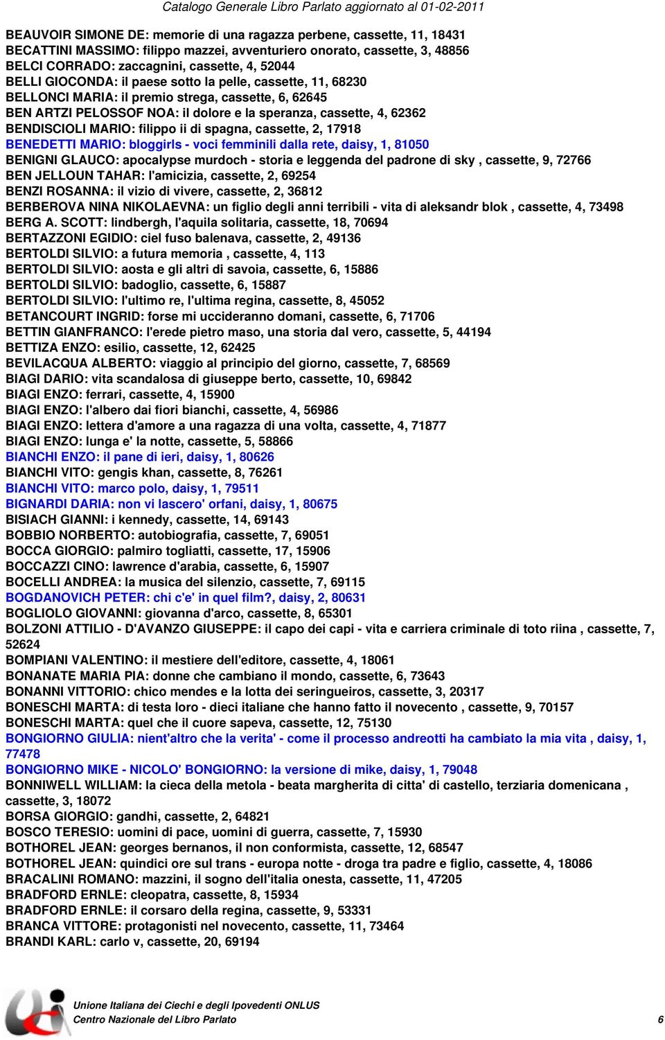 filippo ii di spagna, cassette, 2, 17918 BENEDETTI MARIO: bloggirls - voci femminili dalla rete, daisy, 1, 81050 BENIGNI GLAUCO: apocalypse murdoch - storia e leggenda del padrone di sky, cassette,