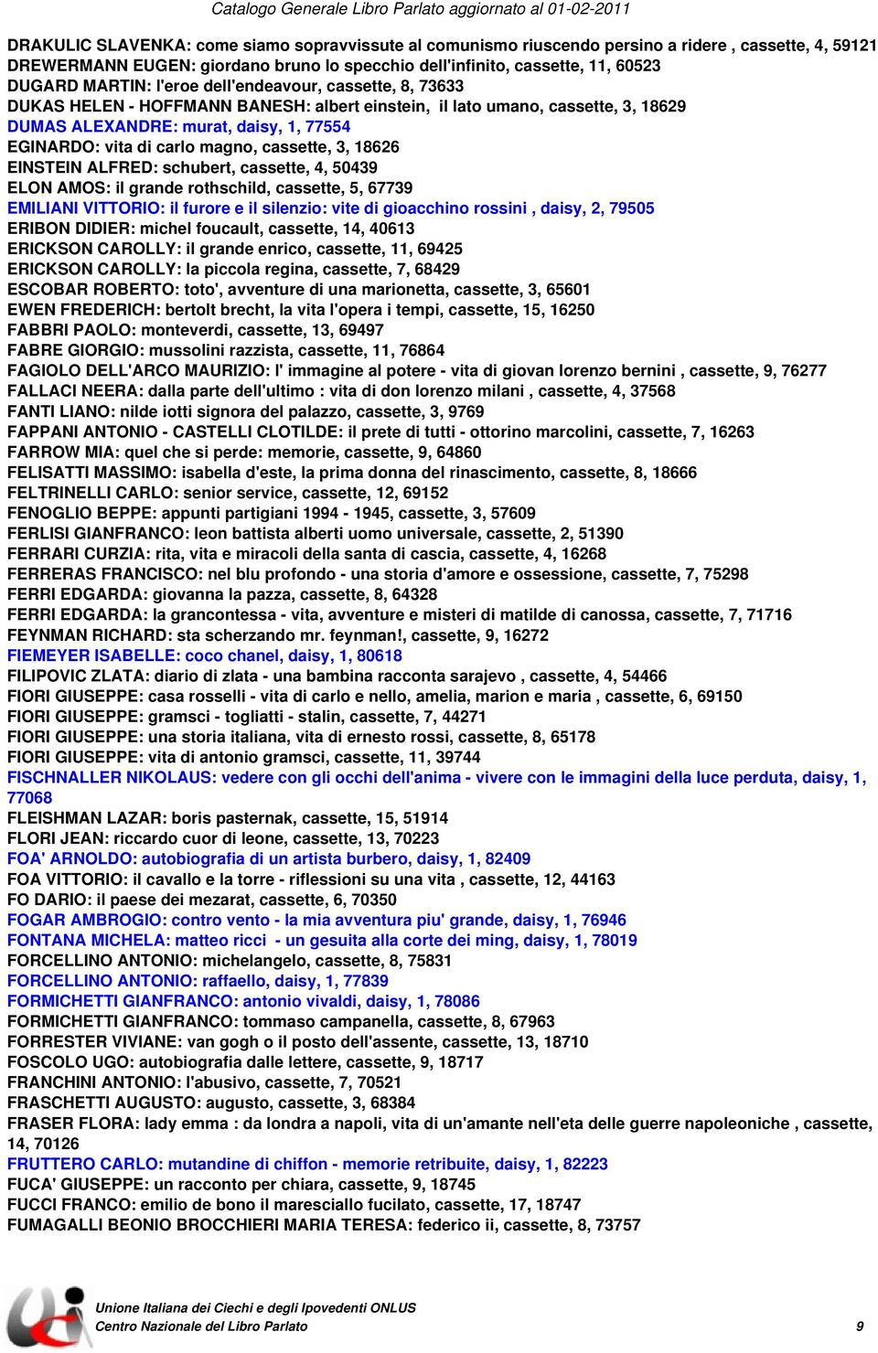 cassette, 3, 18626 EINSTEIN ALFRED: schubert, cassette, 4, 50439 ELON AMOS: il grande rothschild, cassette, 5, 67739 EMILIANI VITTORIO: il furore e il silenzio: vite di gioacchino rossini, daisy, 2,