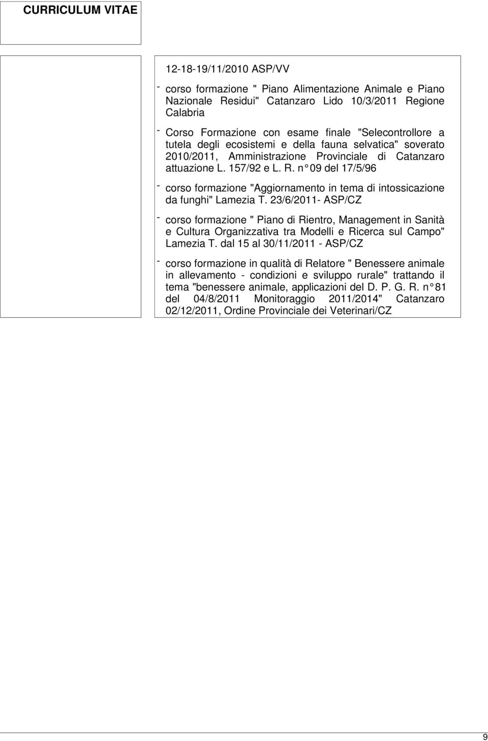 n 09 del 17/5/96 - corso formazione "Aggiornamento in tema di intossicazione da funghi" Lamezia T.