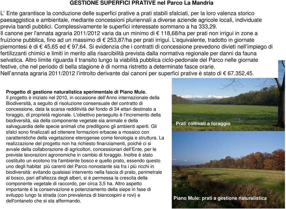 Il canone per l'annata agraria 2011/2012 varia da un minimo di 118,68/ha per prati non irrigui in zone a fruizione pubblica, fino ad un massimo di 253,87/ha per prati irrigui.