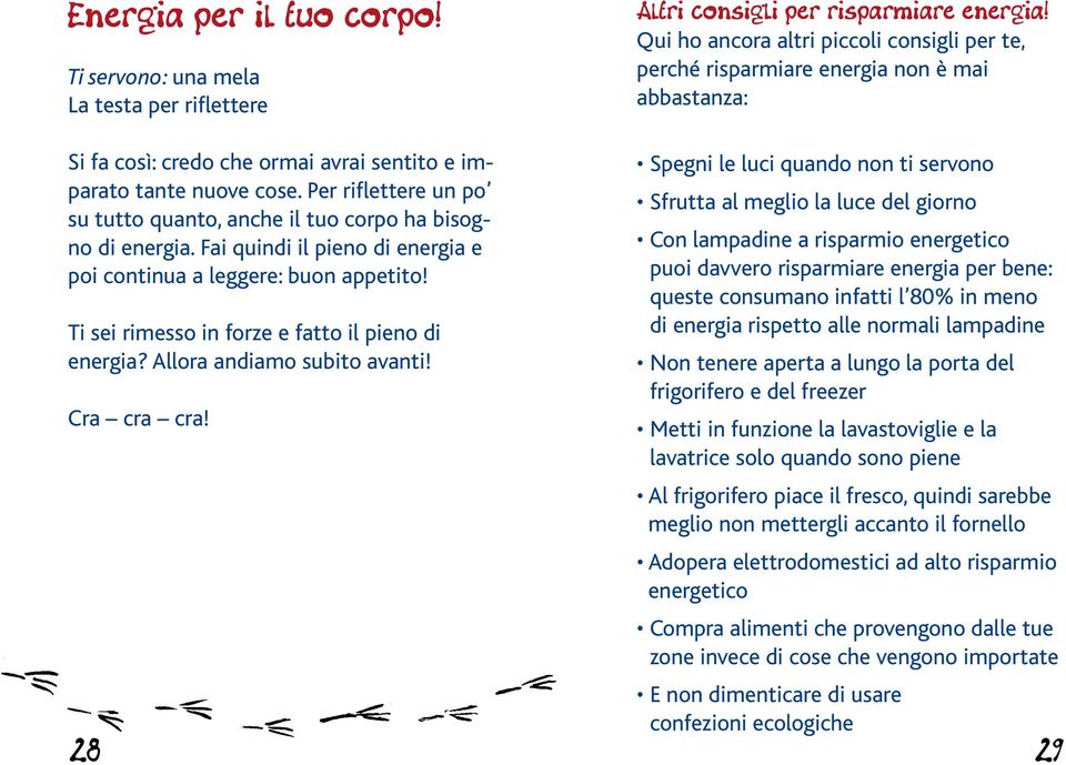 Ti sei rimesso in forze e fatto il pieno di energia? Allora andiamo subito avanti! Cra cra cra! 28 Altri consigli per risparmiare energia!