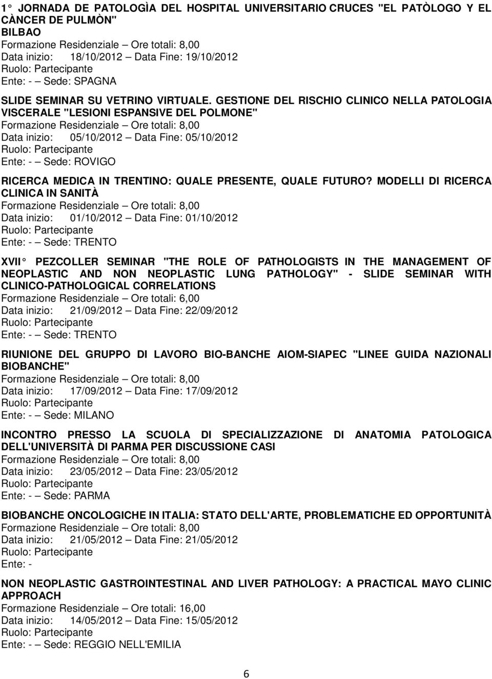 GESTIONE DEL RISCHIO CLINICO NELLA PATOLOGIA VISCERALE "LESIONI ESPANSIVE DEL POLMONE" Data inizio: 05/10/2012 Data Fine: 05/10/2012 Ente: - Sede: ROVIGO RICERCA MEDICA IN TRENTINO: QUALE PRESENTE,