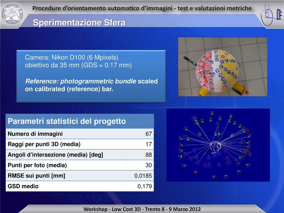 Parametri statistici del progetto Numero di immagini 67 Raggi per punti 3D (media) 17