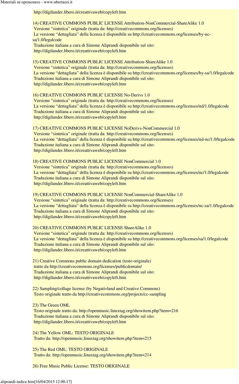 0/legalcode 16) CREATIVE COMMONS PUBLIC LICENSE No-Derivs 1.0 La versione dettagliata della licenza è disponibile su http://creativecommons.org/licenses/nd/1.