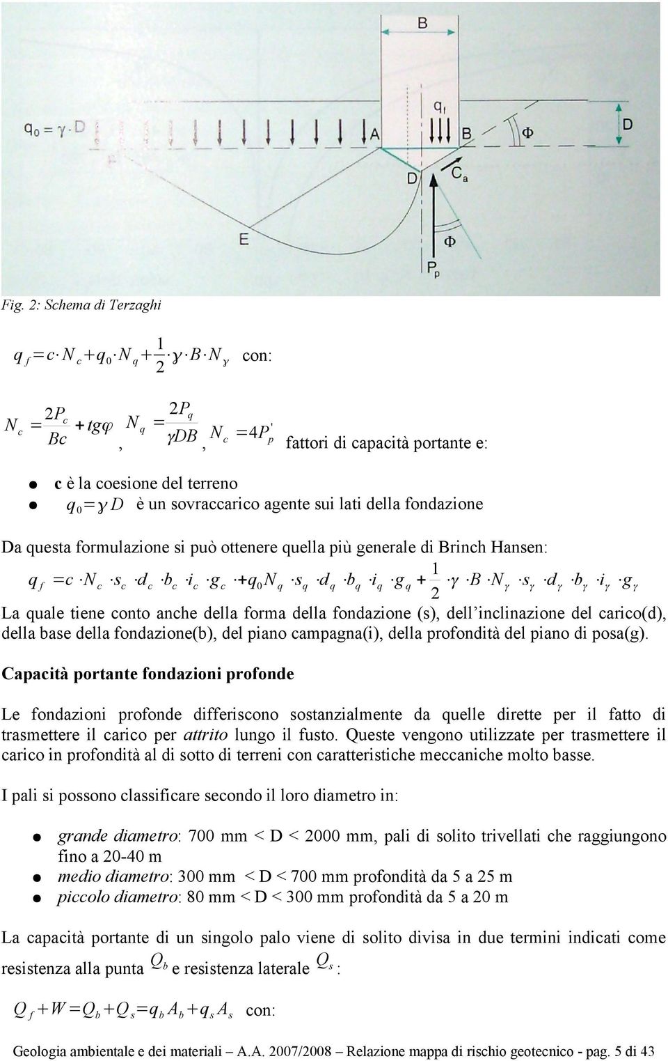 più generale di Brinch Hansen: 1 q f ' c ( N c ( sc ( d c ( bc ( ic ( g c (& q0n q ( sq ( d q ( bq ( iq ( g q & (" ( B ( N" ( s" ( d" ( b" ( i" ( g" 2 La quale tiene conto anche della forma della