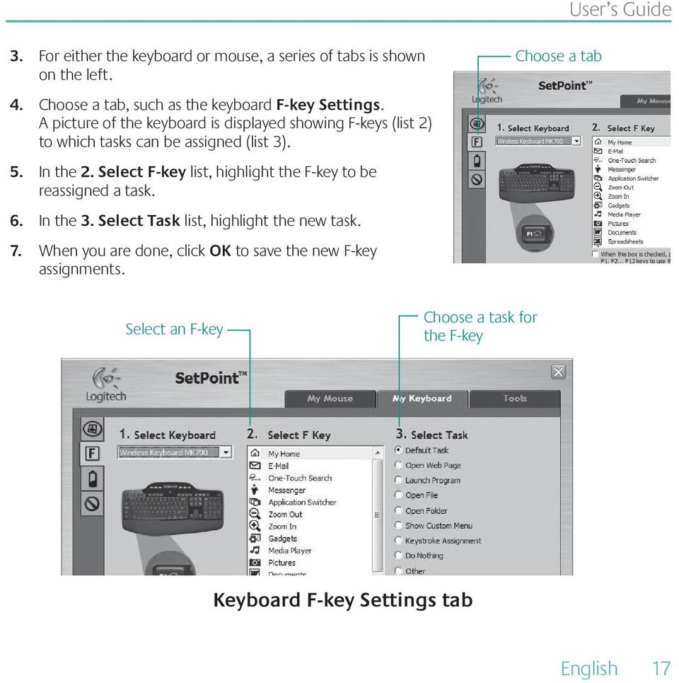 A picture of the keyboard is displayed showing F-keys (list 2) to which tasks can be assigned (list 3). 5. In the 2.