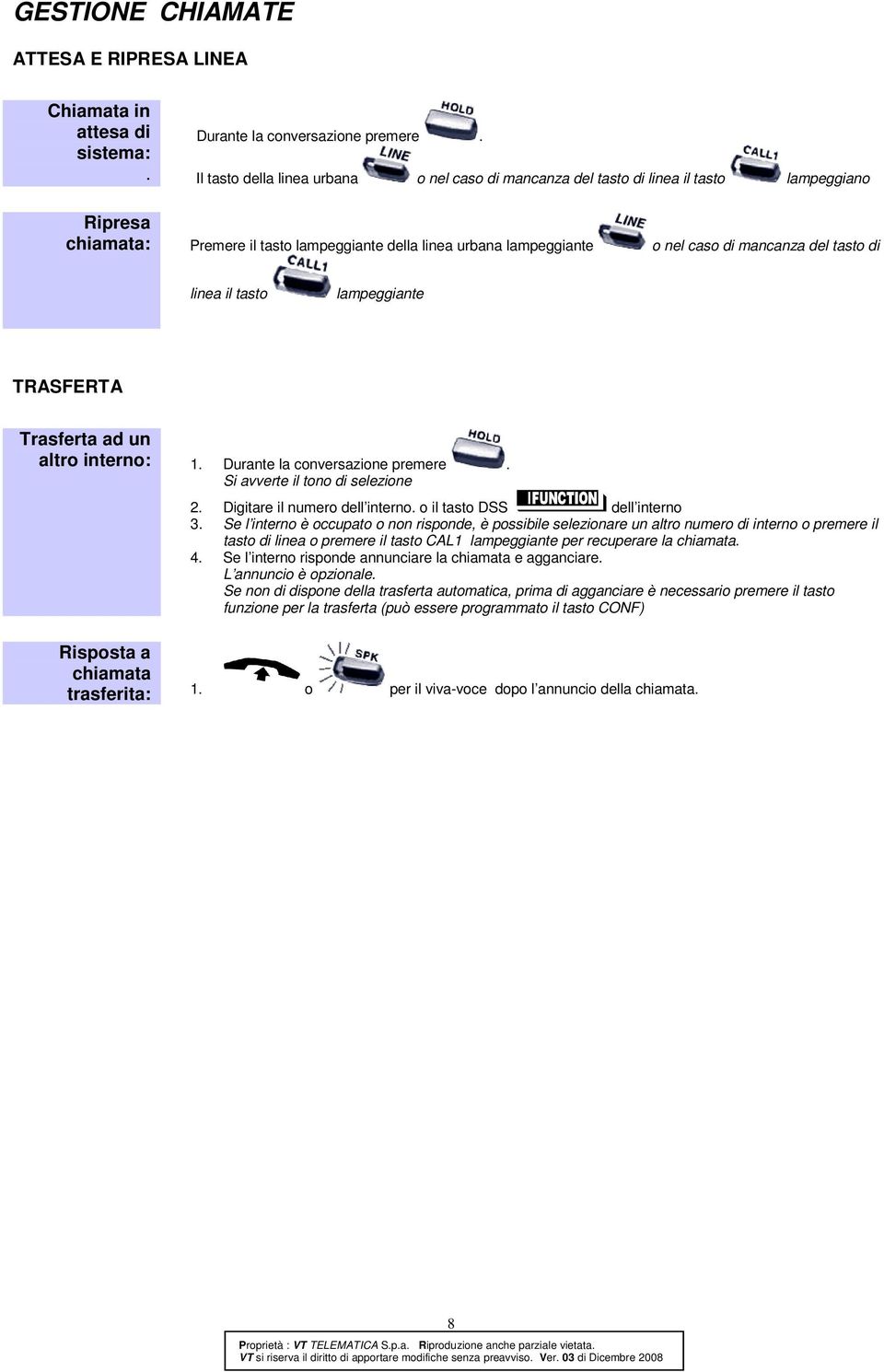 TRASFERTA Trasferta ad un altro interno: 1. Durante la conversazione premere. Si avverte il tono di selezione 2. Digitare il numero dell interno. o il tasto DSS dell interno 3.