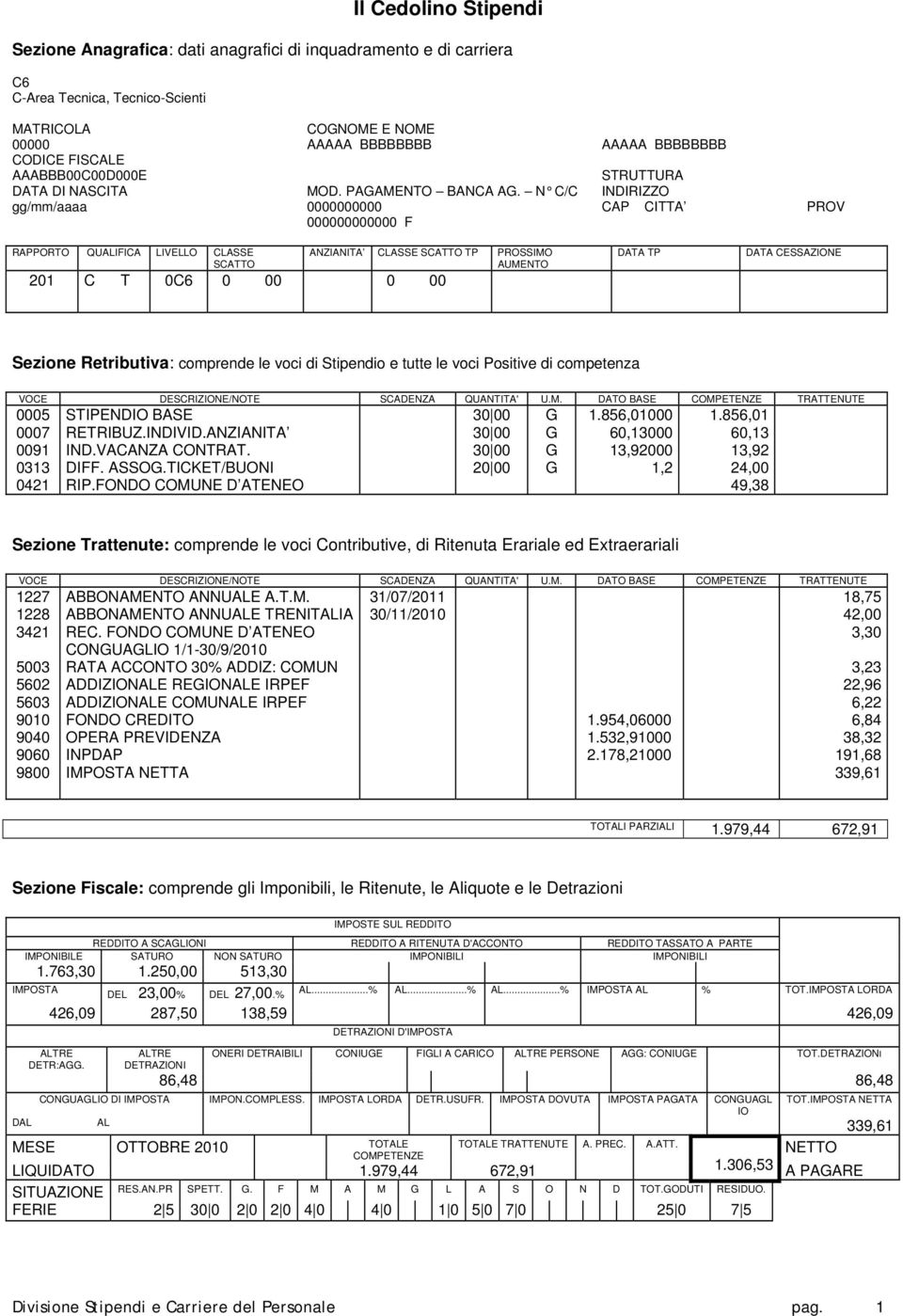 N C/C INDIRIZZO gg/mm/aaaa 0000000000 CAP CITTA PROV 000000000000 F RAPPORTO QUALIFICA LIVELLO CLASSE SCATTO ANZIANITA CLASSE SCATTO TP PROSSIMO AUMENTO 201 C T 0C6 0 00 0 00 DATA TP DATA CESSAZIONE