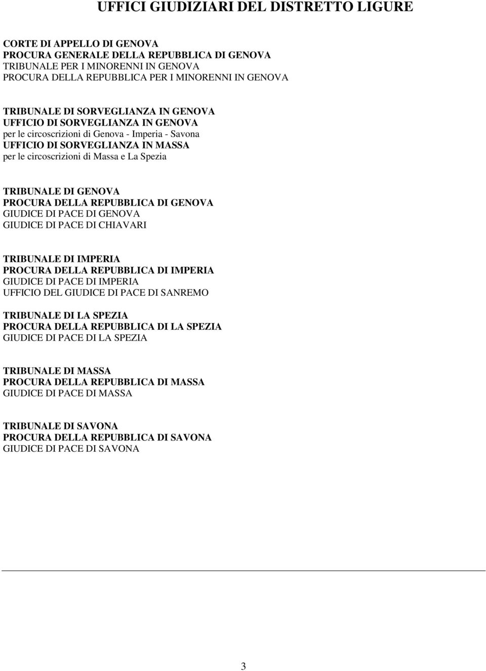 TRIBUNALE DI GENOVA PROCURA DELLA REPUBBLICA DI GENOVA GIUDICE DI PACE DI GENOVA GIUDICE DI PACE DI CHIAVARI TRIBUNALE DI IMPERIA PROCURA DELLA REPUBBLICA DI IMPERIA GIUDICE DI PACE DI IMPERIA