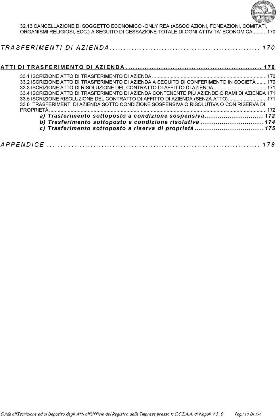 .. 170 33.2 ISCRIZIONE ATTO DI TRASFERIMENTO DI AZIENDA A SEGUITO DI CONFERIMENTO IN SOCIETÀ... 170 33.3 ISCRIZIONE ATTO DI RISOLUZIONE DEL CONTRATTO DI AFFITTO DI AZIENDA... 171 33.