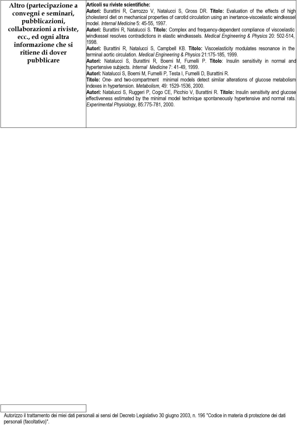 Titolo: Evaluation of the effects of high cholesterol diet on mechanical properties of carotid circulation using an inertance-viscoelastic windkessel model. Internal Medicine 5: 45-55, 1997.