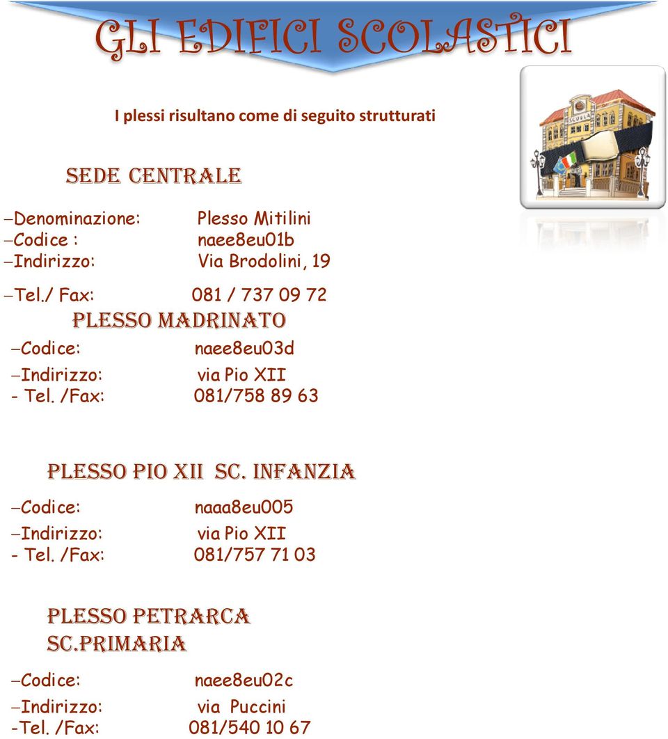 / Fax: 081 / 737 09 72 PLESSO MADRINATO Codice: naee8eu03d Indirizzo: via Pio XII - Tel.
