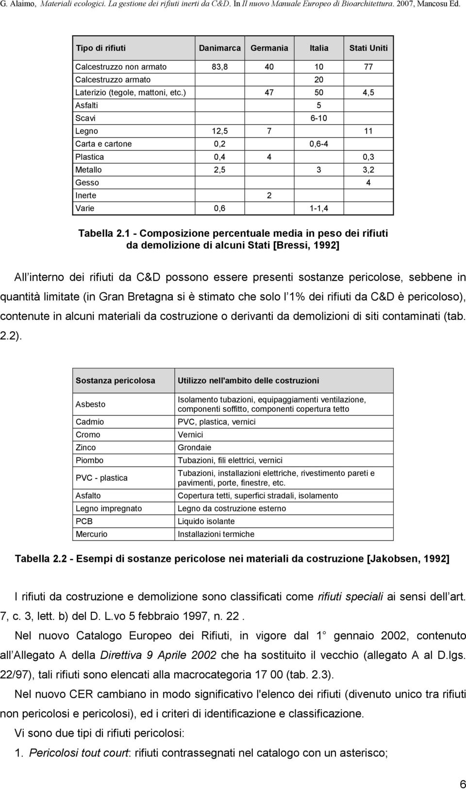 1 - Composizione percentuale media in peso dei rifiuti da demolizione di alcuni Stati [Bressi, 1992] All interno dei rifiuti da C&D possono essere presenti sostanze pericolose, sebbene in quantità