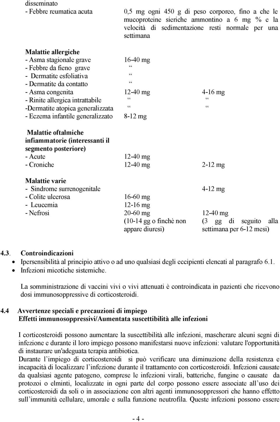 -Dermatite atopica generalizzata - Eczema infantile generalizzato 8-12 mg Malattie oftalmiche infiammatorie (interessanti il segmento posteriore) - Acute 12-40 mg - Croniche 12-40 mg 2-12 mg Malattie