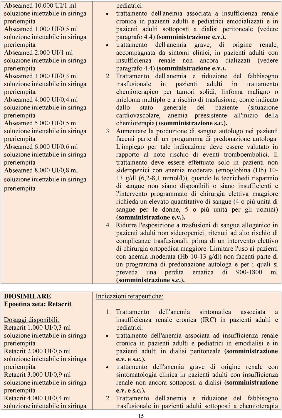 000 UI/0,4 ml pediatrici: trattamento dell'anemia associata a insufficienza renale cronica in pazienti adulti e pediatrici emodializzati e in pazienti adulti sottoposti a dialisi peritoneale (vedere