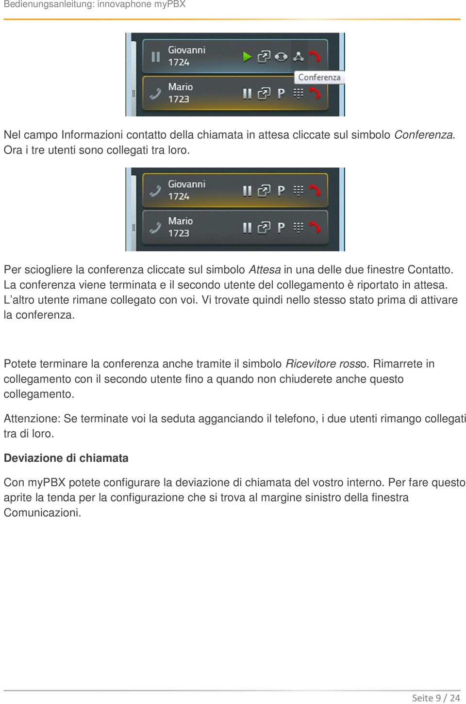 L altro utente rimane collegato con voi. Vi trovate quindi nello stesso stato prima di attivare la conferenza. Potete terminare la conferenza anche tramite il simbolo Ricevitore rosso.