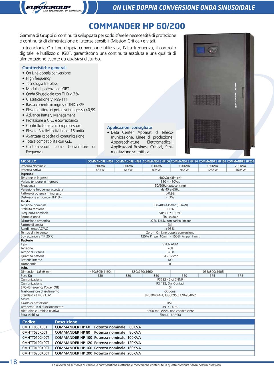 La tecnologia On Line doppia conversione utilizzata, l alta frequenza, il controllo digitale e l utilizzo di IGBT, garantiscono una continuità assoluta e una qualità di alimentazione esente da