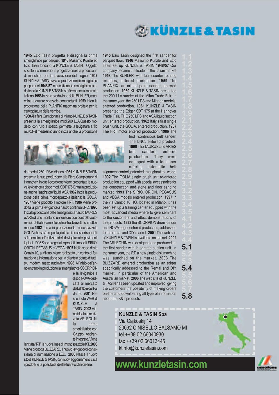 1948/57 In questi anni le smerigliatrici prodotte dalla KUNZLE & TASIN si affermano sul mercato italiano.1958 Inizia la produzione della BUHLER, macchina a quattro spazzole controrotanti.