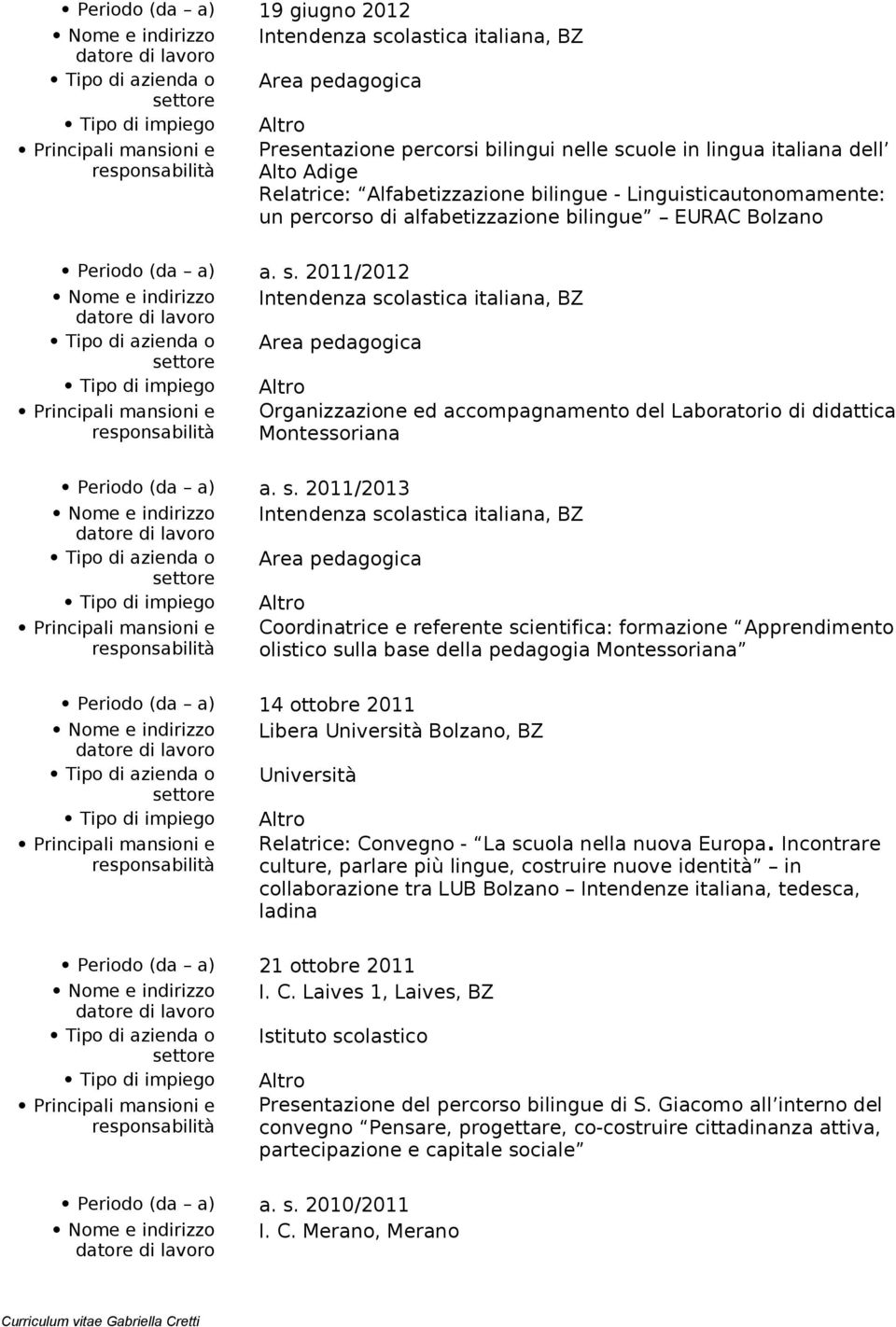 alfabetizzazione bilingue EURAC Bolzano Area pedagogica Organizzazione ed accompagnamento del Laboratorio di didattica Montessoriana Area pedagogica Coordinatrice e referente scientifica: formazione