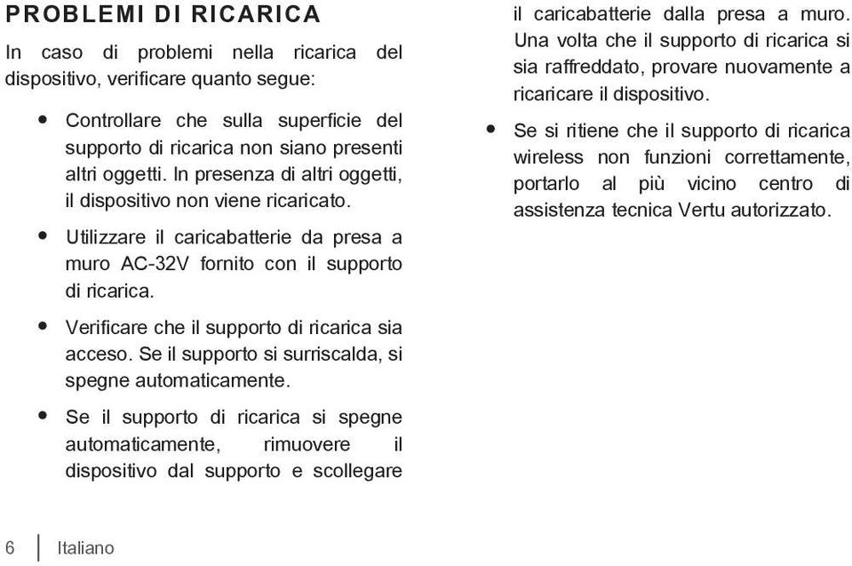 Verificare che il supporto di ricarica sia acceso. Se il supporto si surriscalda, si spegne automaticamente.