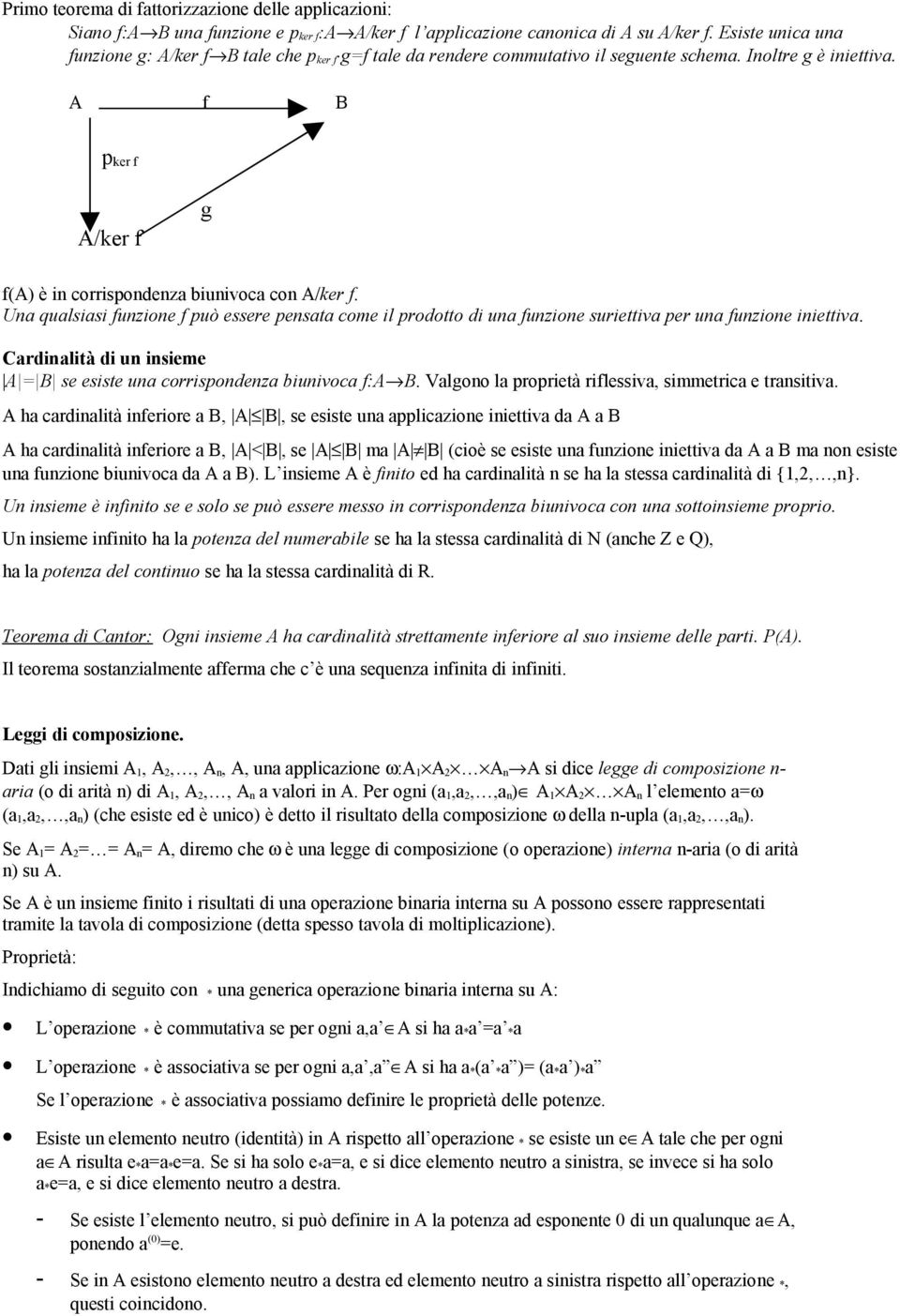 A f B p ker f A/ker f g f(a) è in corrispondenza biunivoca con A/ker f. Una qualsiasi funzione f può essere pensata come il prodotto di una funzione suriettiva per una funzione iniettiva.