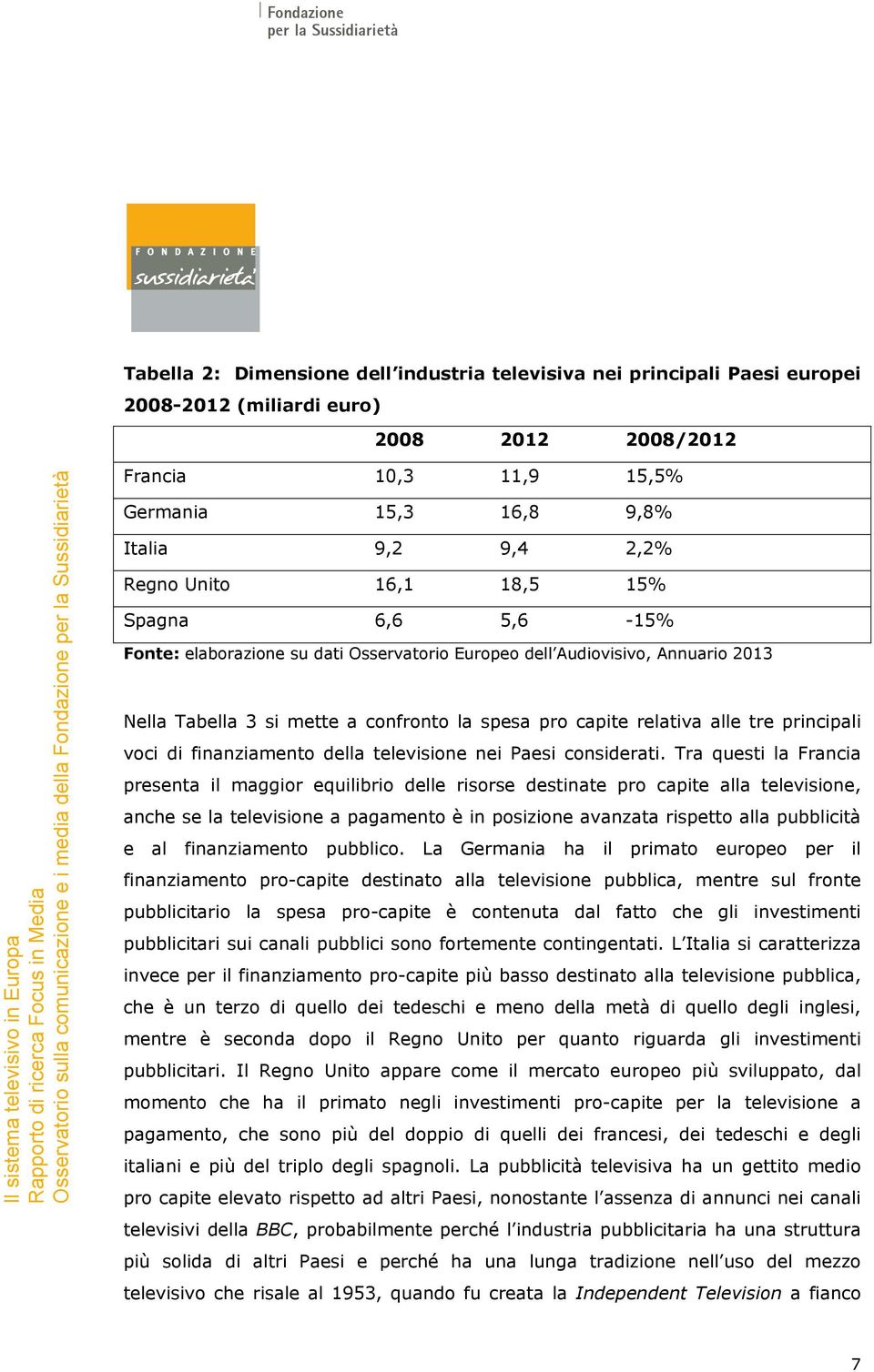 pro capite relativa alle tre principali voci di finanziamento della televisione nei Paesi considerati.