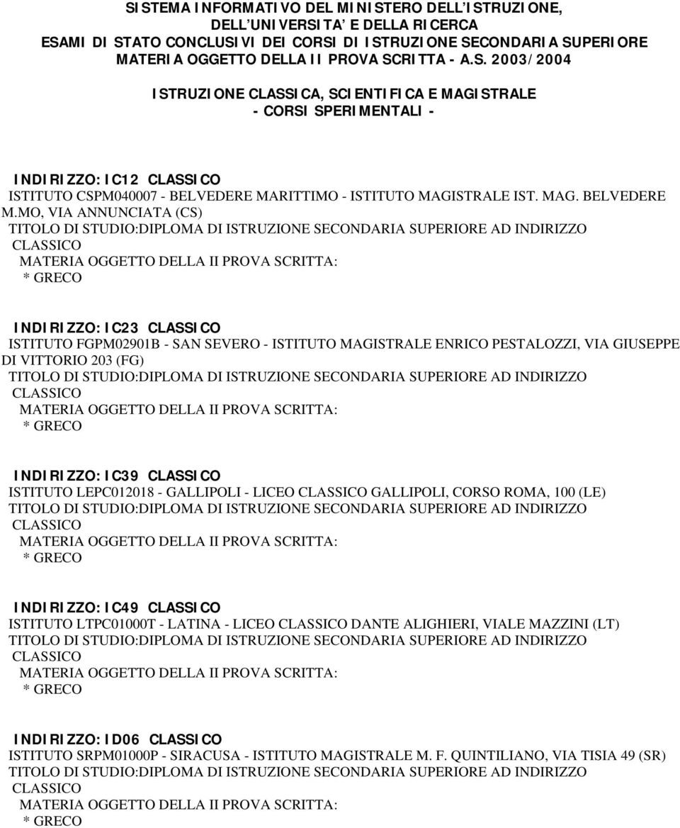 MO, VIA ANNUNCIATA (CS) CLASSICO * GRECO INDIRIZZO: IC23 CLASSICO ISTITUTO FGPM02901B - SAN SEVERO - ISTITUTO MAGISTRALE ENRICO PESTALOZZI, VIA GIUSEPPE DI VITTORIO 203