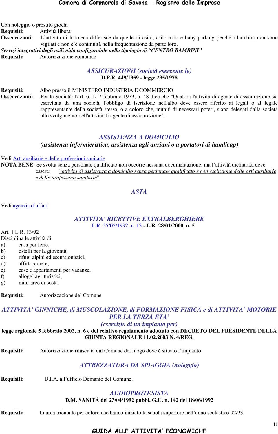 BAMBINI Autorizzazione comunale ASSICURAZIONI (società esercente le) D.P.R. 449/1959 - legge 295/1978 Osservazioni: Albo presso il MINISTERO INDUSTRIA E COMMERCIO Per le Società: l'art. 6, L.