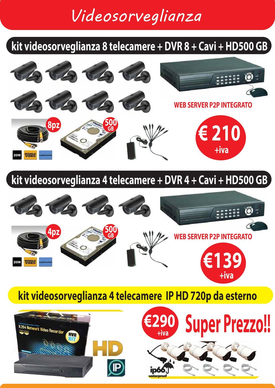 telecamere + DVR 4 + Cavi + HD500 GB 4pz 500 GB WEB SERVER P2P INTEGRATO