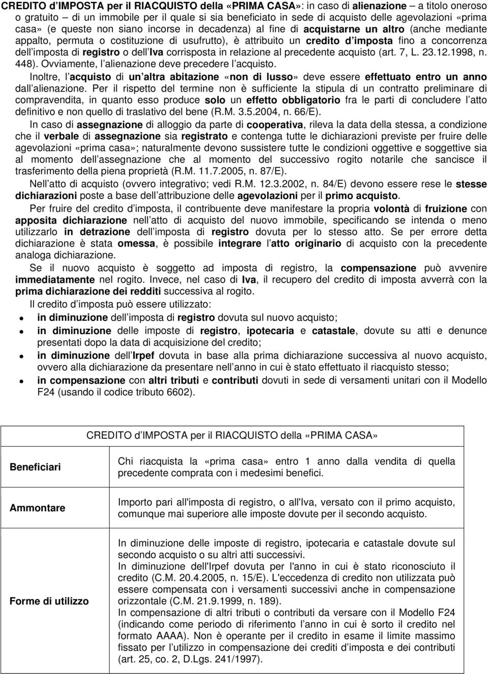 dell imposta di registro o dell Iva corrisposta in relazione al precedente acquisto (art. 7, L. 23.12.1998, n. 448). Ovviamente, l alienazione deve precedere l acquisto.