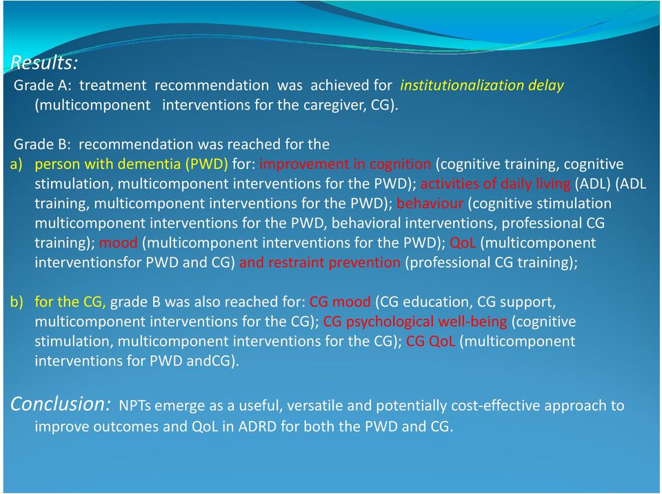 activities of daily living (ADL) (ADL training, multicomponent interventions for the PWD); behaviour (cognitive stimulation multicomponent interventions for the PWD, behavioral interventions,