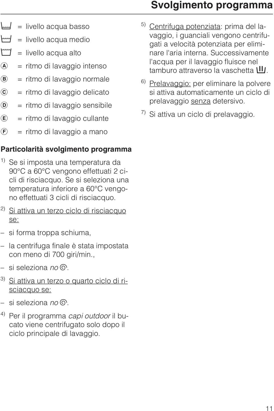 Successivamente l'acqua per il lavaggio fluisce nel tamburo attraverso la vaschetta. 6) Prelavaggio: per eliminare la polvere si attiva automaticamente un ciclo di prelavaggio senza detersivo.