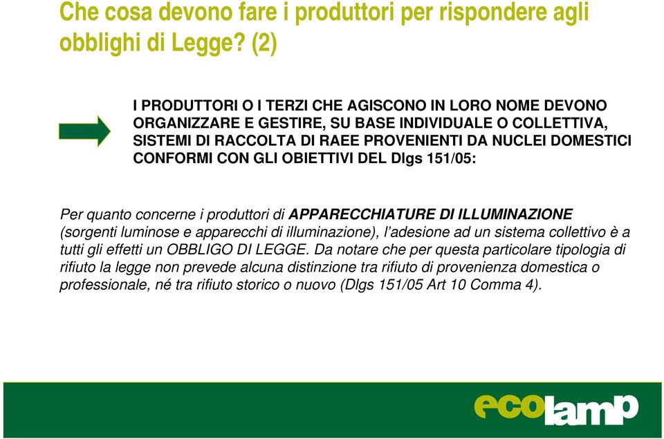 CONFORMI CON GLI OBIETTIVI DEL Dlgs 151/05: Per quanto concerne i produttori di APPARECCHIATURE DI ILLUMINAZIONE (sorgenti luminose e apparecchi di illuminazione), l adesione