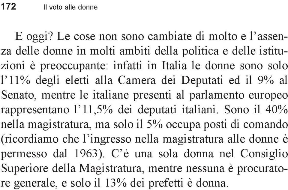 solo l 11% degli eletti alla Camera dei Deputati ed il 9% al Senato, mentre le italiane presenti al parlamento europeo rappresentano l 11,5% dei deputati