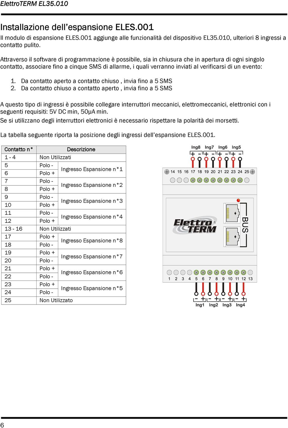 evento: 1. Da contatto aperto a contatto chiuso, invia fino a 5 SMS 2.