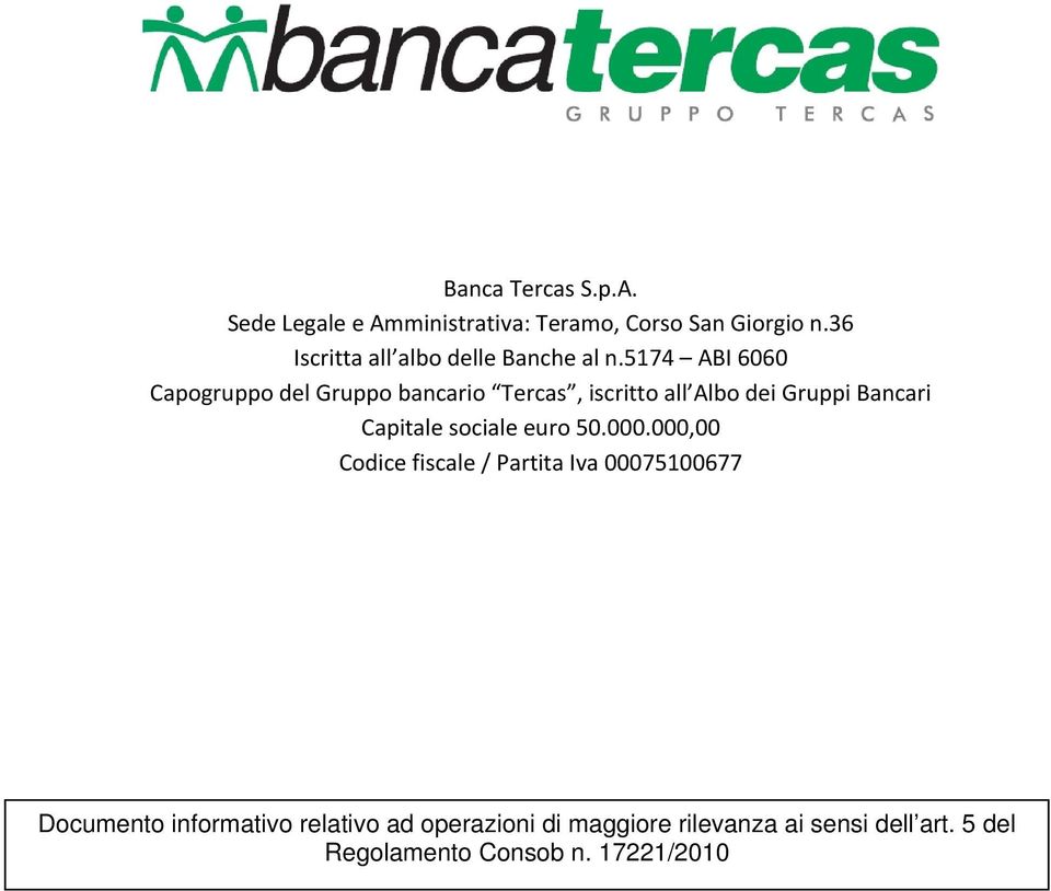 5174 ABI 6060 Capogruppo del Gruppo bancario Tercas, iscritto all Albo dei Gruppi Bancari Capitale