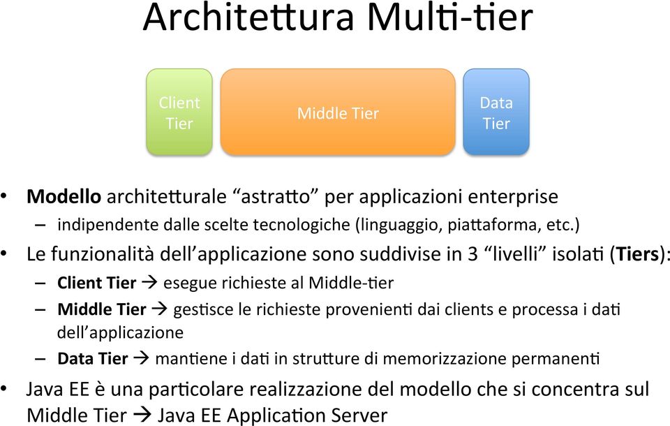 (linguaggio, piagaforma, etc.) Le funzionalità dell applicazione sono suddivise in 3 livelli isola.