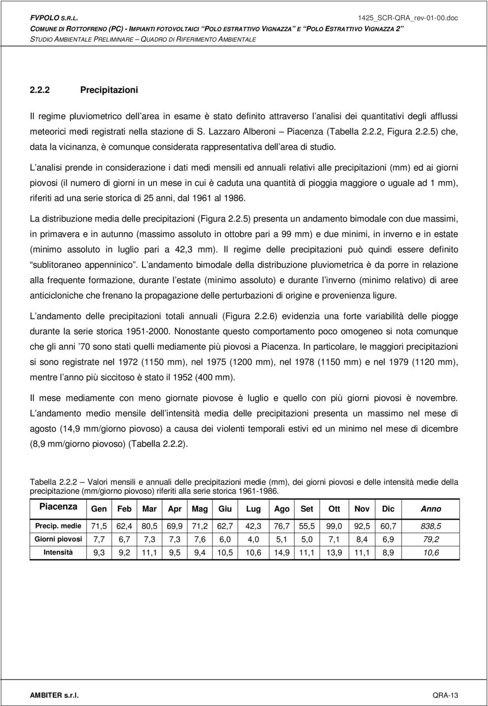 L analisi prende in considerazione i dati medi mensili ed annuali relativi alle precipitazioni (mm) ed ai giorni piovosi (il numero di giorni in un mese in cui è caduta una quantità di pioggia